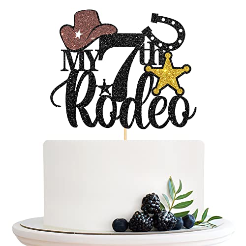 Halodete My 7th Rodeo Cake Topper, Western 7th Birthday Cake Topper, Little Cowboy Cowgirl Birthday Party Cake Decorations Black Glitter von Halodete