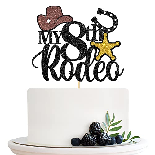 Halodete My 8th Rodeo Cake Topper, Western 8th Birthday Cake Topper, Little Cowboy Cowgirl Birthday Party Cake Decorations Black Glitter von Halodete