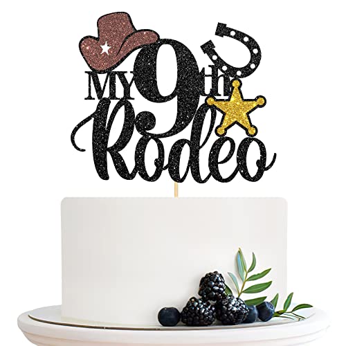 Halodete My 9th Rodeo Cake Topper, Western 9th Birthday Cake Topper, Little Cowboy Cowgirl Birthday Party Cake Decorations Black Glitter von Halodete