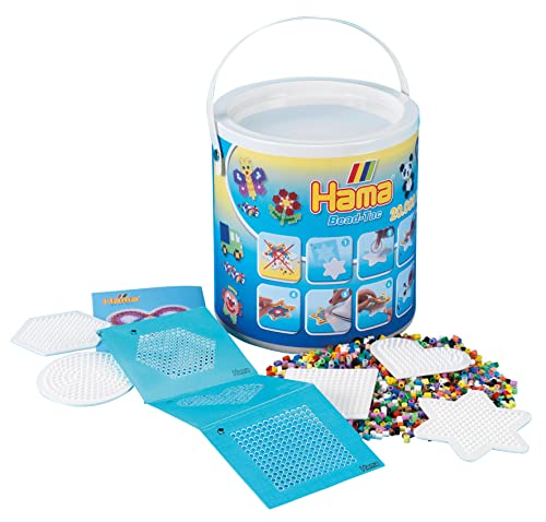 Hama Perlen 7701 Set mit Eimer und ca. 20.000 bunten Midi Bügelperlen mit Durchmesser 5 mm im Grundfarben Mix, 5 Stiftplatten, inkl. Bügelpapier, kreativer Bastelspaß für Groß und Klein von Hama Perlen