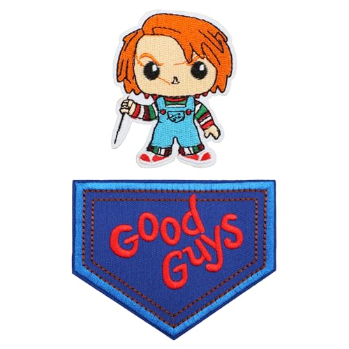 2 x Good Guys Aufnäher für Chucky-Kostüm, Erwachsene, Damen, Erwachsene, Herren, Chucky, Hemd, Pullover, Halloween, Overall, Chucky Tattoos, temporäre Halloween-Tattoos – zum Aufbügeln von Hamowtux