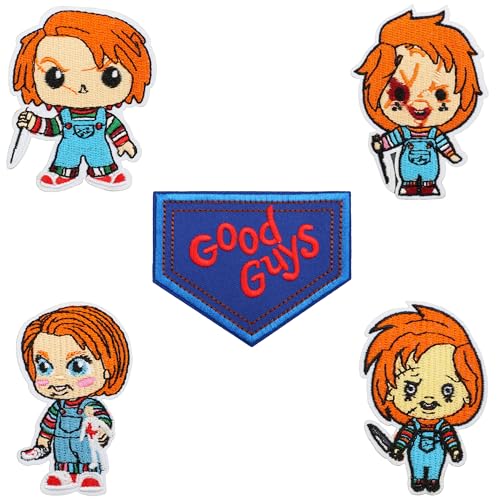 5 Stück Good Guys Aufnäher für Chucky-Kostüm, Erwachsene, Damen, Erwachsene, Herren, Chucky, Hemd, Pullover, Halloween, Overall, Chucky Tattoos, temporäre Halloween-Tattoos – zum Aufbügeln von Hamowtux