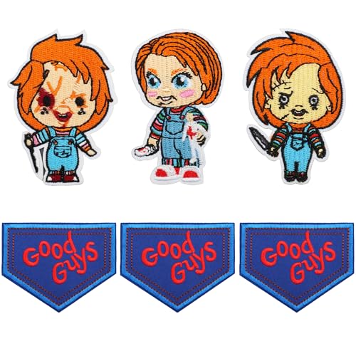 6 Stück Good Guys Aufnäher für Chucky-Kostüm, Erwachsene, Damen, Erwachsene, Herren, Chucky, Hemd, Pullover, Halloween-Flicken, Good Guys, Overall, Chucky Tattoos, temporäre Halloween-Tattoos – zum von Hamowtux