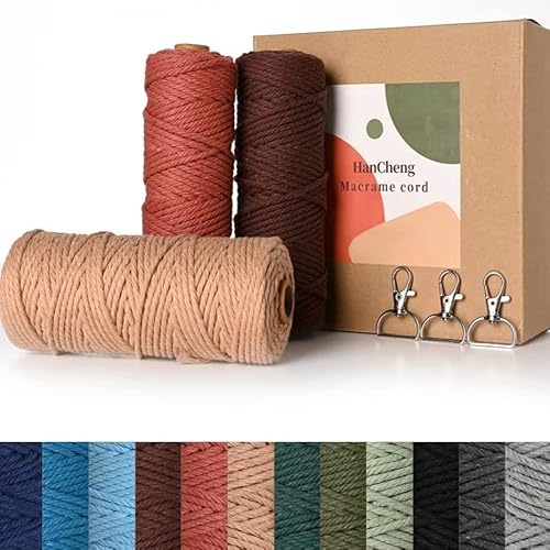 HanCheng 60m x 3mm Makramee Garn Bunt Farbverlauf 3er Set,Farbig Makramee Garn mit 3 Schlüsselanhänger—Morandi:Braun,Bordeaux,Altrosa von HanCheng