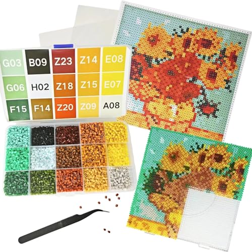 HanCheng Vincent Van Gogh-Sonnenblume Bügelperlen Set,4000 Mini Bügelperlen mit Bügelperlen Platten,Bügelpapier,Pinzette,Benutzerführung in Sortierbox,Diy Set Erwachsene&Kinder (2.6 mm, 15 Farben) von HanCheng