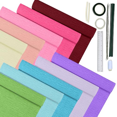 Krepppapier 10er Set Bunt,10 Rollen 25 x200cm Krepppapier Bunt mit 15 Blumendraht Grün,Floristenband,Doppelseitiges Klebeband,Lineal,Nähgarn,Krepppapier Blumen Basteln von HanCheng