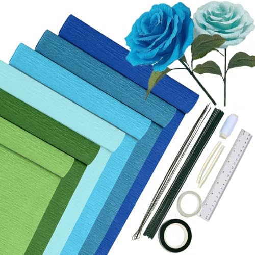 Krepppapier 6er Set Bunt,6 Rollen 25 x200cm Krepppapier Verlaufsblau mit 15 Blumendraht,Floristenband,Doppelseitiges Klebeband,Lineal,Nähgarn,Krepppapier Blumen Basteln(Blaue Serie） von HanCheng