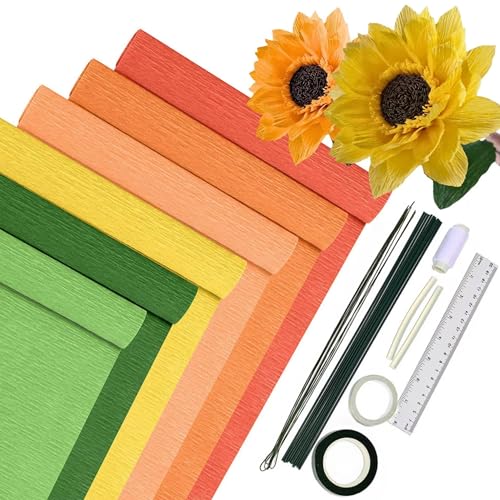 Krepppapier 6er Set Bunt,6 Rollen 25 x200cm Krepppapier Verlaufsgelb mit 15 Blumendraht,Floristenband,Doppelseitiges Klebeband,Lineal,Nähgarn,Krepppapier Blumen Basteln(Gelbe Serie von HanCheng