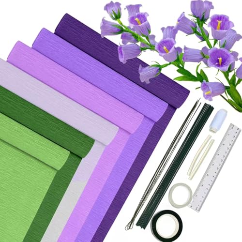 Krepppapier 6er Set Bunt,6 Rollen 25 x200cm Krepppapier Verlaufslila mit 15 Blumendraht,2Heißklebesticks,Floristenband,DoppelseitigesKlebeband,Lineal,Nähgarn,KrepppapierBlumen Basteln(Violett Serie） von HanCheng