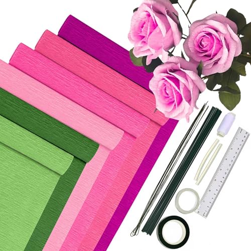 Krepppapier 6er Set Bunt,6 Rollen 25 x200cm Krepppapier Verlaufspink mit 15 Blumendraht,2 Heißklebesticks,Floristenband,Doppelseitiges Klebeband,Lineal,Nähgarn,Krepppapier Blumen Basteln(Pinke Serie） von HanCheng