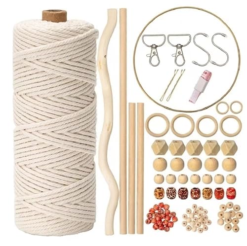 120 Makramee Set Anfänger mit Anleitung,Makramee Garn 3mmx100m,mit Schlüsselanhänger,100 Holzperlen,4 Holzstäbchen,6 Holzringe,Metallring,Geschenk-Taschen usw, Komplett DIY Set Erwachsene von HanCheng