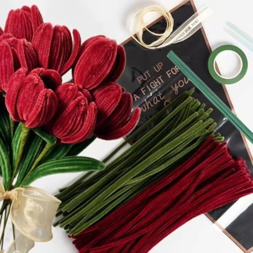 Pfeifenreiniger Blumen Kit mit 150 Pcs Pfeifenputzer Bunt in 2 Farben(Burgundisch,Grün),8 Blumendraht Grün,Kreppband,Blumenpapier und Geschenkband von HanCheng