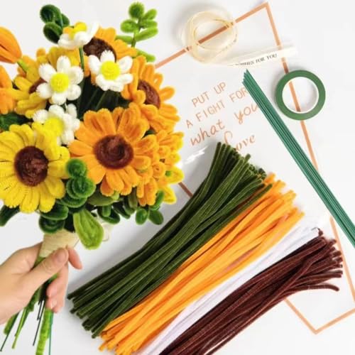 Sonnenblumen Blumenstrauß Pfeifenreiniger Set mit 150 Stück Pfeifenputzer Bunt mit 4 Farben（Braun,Goldgelb,Weiß,Blattgrün),8 Stück Grün Basteldraht,Geschenkpapier,Geschenkband, Klebeband von HanCheng