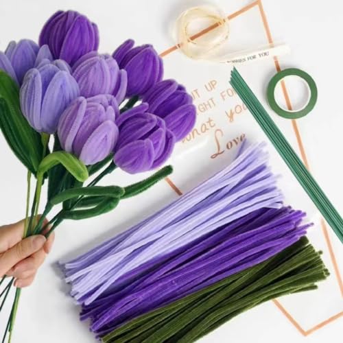 Tulpe Blumenstrauß Pfeifenreiniger Set mit 150 Stück Pfeifenputzer Bunt mit 3 Farben（Hellviolett,Mittel Violett,Blattgrün),8 Stück Grün Basteldraht,Geschenkpapier,Geschenkband,Klebeband von HanCheng