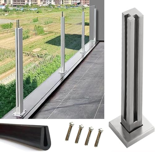 HanDpi Gehärtetes Balustraden-Deckgeländersystem für Glaszäune, quadratischer Glasgeländerpfosten für Poolgeländer/Loftplattform/Treppenglas, Stangen und Klemmen (silberner Eckpfosten, 105 cm) von HanDpi