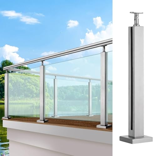 HanDpi Gehärtetes Geländer aus Edelstahl mit quadratischem Glaspfosten für Terrassengeländer, Glasplattenpfosten für Innentreppen/Flurglas, Stangen und Klemmen (Endpfosten, 105 cm) von HanDpi