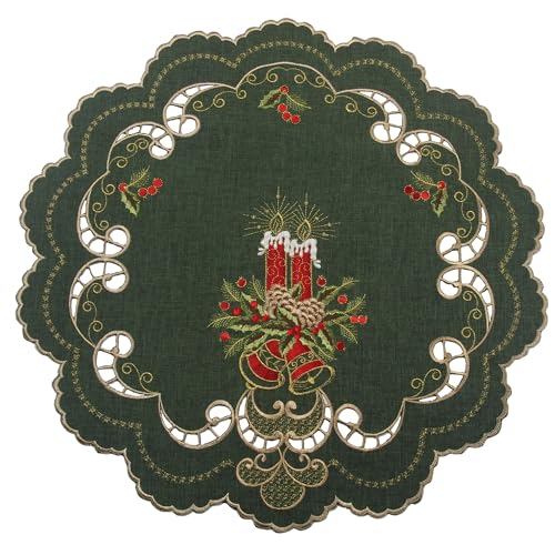 Dunkel-Grün Weihnachten Mitteldecke Tischdecke, Leinen-Optik mit Rot Kerzen Stickerei - Größe wählbar (ca. Rund 60 cm) von HanaQi