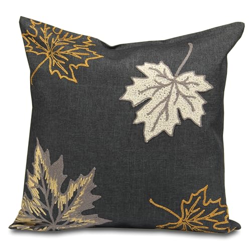 HanaQi Elegante Herbstlaub-Stickerei Graue Kissenhülle 40 cm – Hochwertiges Leinen Optik Polyester, Perfekt für Herbstdekor und Thanksgiving – Verschiedene Größen Verfügbar von HanaQi