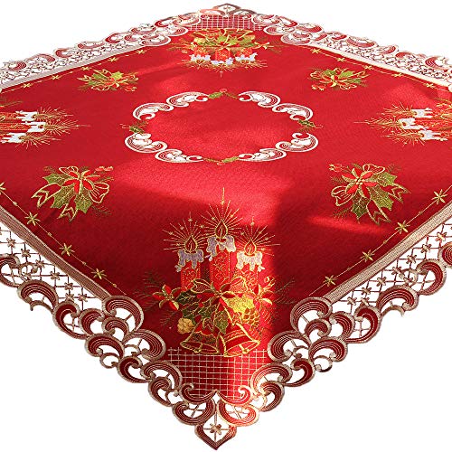 Weihnachten Tischdecke Tischläufer Dunkelrot Leinenoptik Rot Kerzen Stickerei (ca. 85x85 cm Eckig) von HanaQi