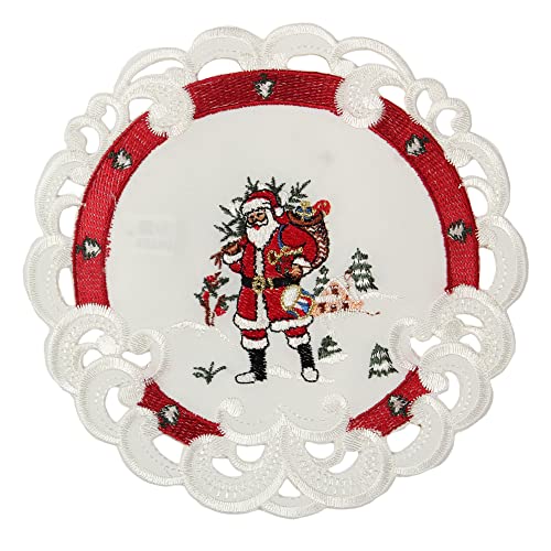 HanaQi Weihnachtsmann in Winterlandschaft Stickerei Tischdeckchen 20 cm Rund Polyester, rot-weiß von HanaQi