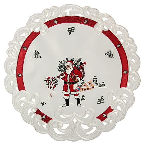 HanaQi Weihnachtsmann in Winterlandschaft Stickerei Tischdeckchen 40 cm Rund Polyester, rot-weiß von HanaQi