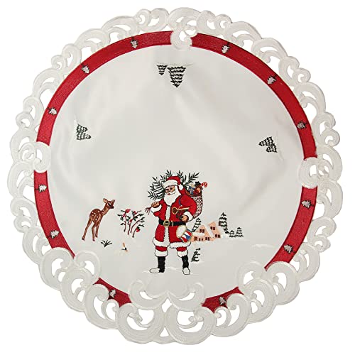 HanaQi Weihnachtsmann in Winterlandschaft Stickerei Tischdeckchen 60 cm Rund Polyester, rot-weiß von HanaQi