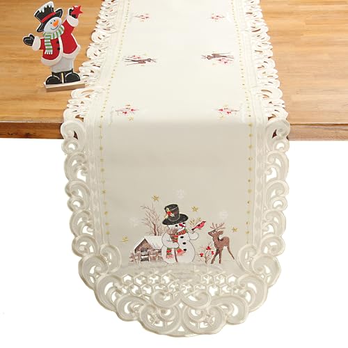 HanaQi Weihnachtstischläufer/Tischdeckchen Schneemann Rentier Winterlandschaft mit Durchbruchstickerei, Polyester, Ecru/Creme - Größe wählbar (ca. 43x130 cm, Oval) von HanaQi