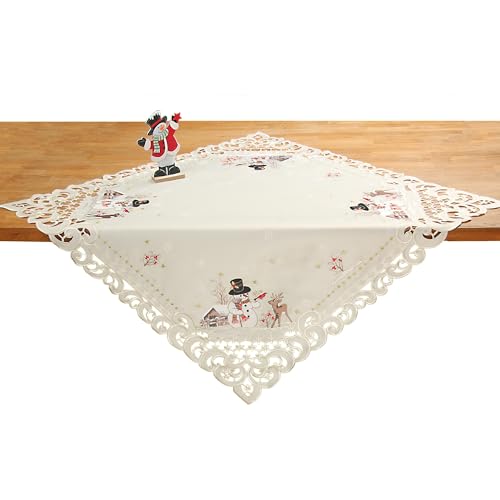 HanaQi Weihnachtstischläufer/Tischdeckchen Schneemann Rentier Winterlandschaft mit Durchbruchstickerei, Polyester, Ecru/Creme - Größe wählbar (ca.85x85 cm) von HanaQi