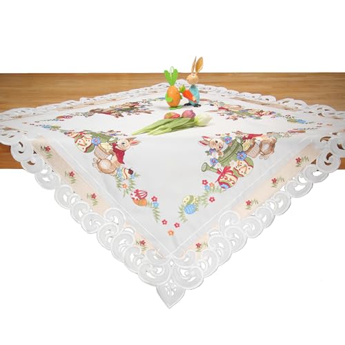 Ostern Tischdecke Weiß mit Häschen Narzissen Stickerei - Polyester ca. 110 x 110 cm von HanaQi