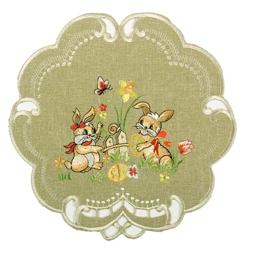 Quinnyshop Osterhasen Ostereier Narzisse Stickerei Tischläufer Tischdecke Kissenhülle Größe wählbar Polyester, Grün (Rund 40 cm) von HanaQi