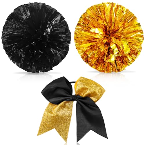 Set mit 3 30,5 cm Cheerleader-Pompons und großem Cheerleader-Pferdeschwanz-Schleifenhalter für Mädchen, große metallische Cheerleader-Pom-Poms für Sport-Team-Cheering (Gold und Schwarz) von Hanaive