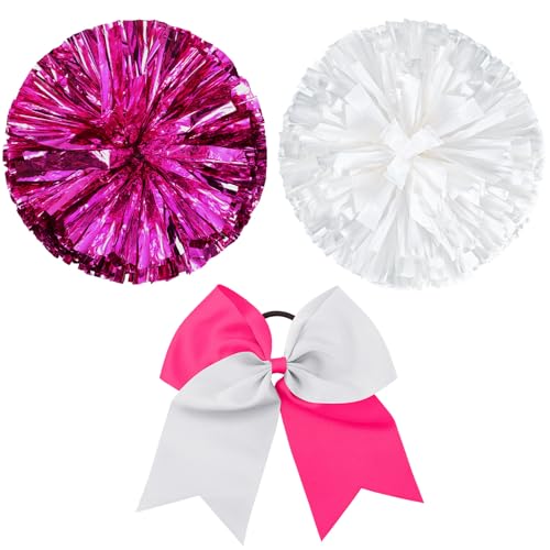 Set mit 3 30,5 cm Cheerleader-Pompons und großem Cheerleader-Pferdeschwanz-Schleifenhalter für Mädchen, große metallische Cheerleader-Pom-Poms für Sport-Team-Cheering (Rosenrot und Weiß) von Hanaive