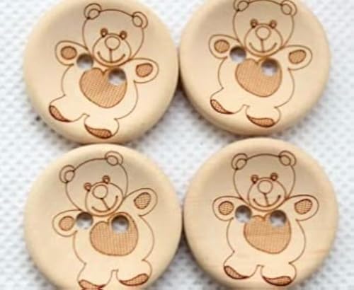 12 wunderschöne Holzknöpfe rund natur mit Teddy-Aufdruck- 25mm 2 Löcher zum aufnähen annähen DIY Handarbeit Scrapbooking für Kinderkleidung Jacken Mützen Strampler von Handarbeit-Lieblingsladen