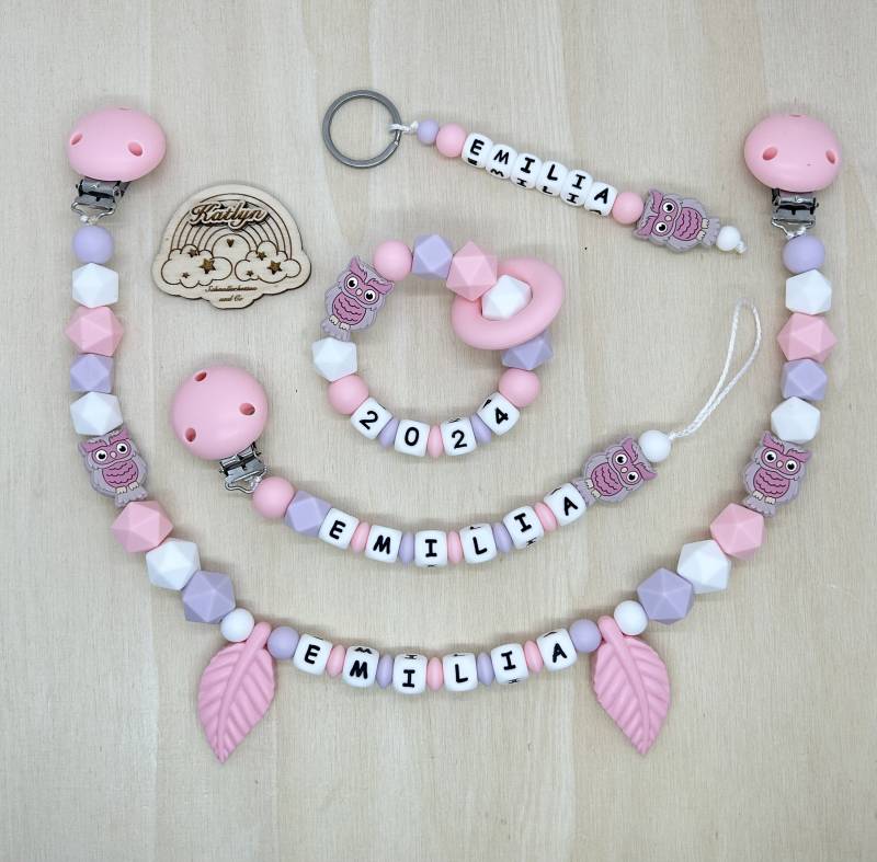 Babygeschenk Schnullerkette Mit Name , Kinderwagenkette, Schlüsselanhänger Und Greifling Aus Silikon Perlen Eule + Ring Adaptor Gratis von Handmadekatlyn