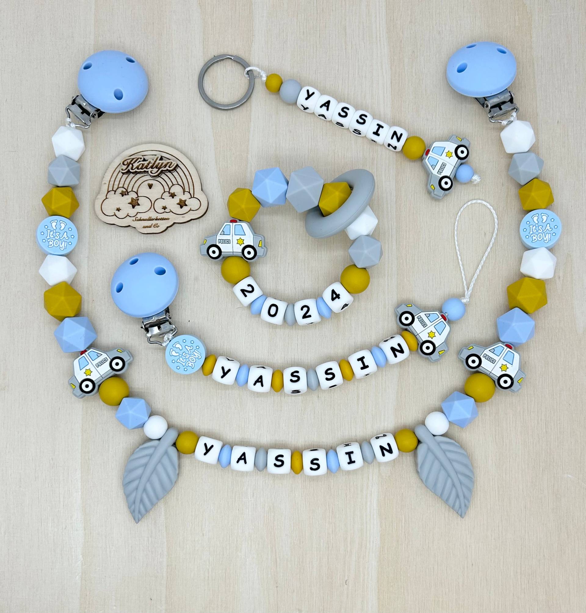 Babygeschenk Schnullerkette Mit Name , Kinderwagenkette, Schlüsselanhänger Und Greifling Aus Silikon Perlen Polizei + Ring Adaptor Gratis von Handmadekatlyn