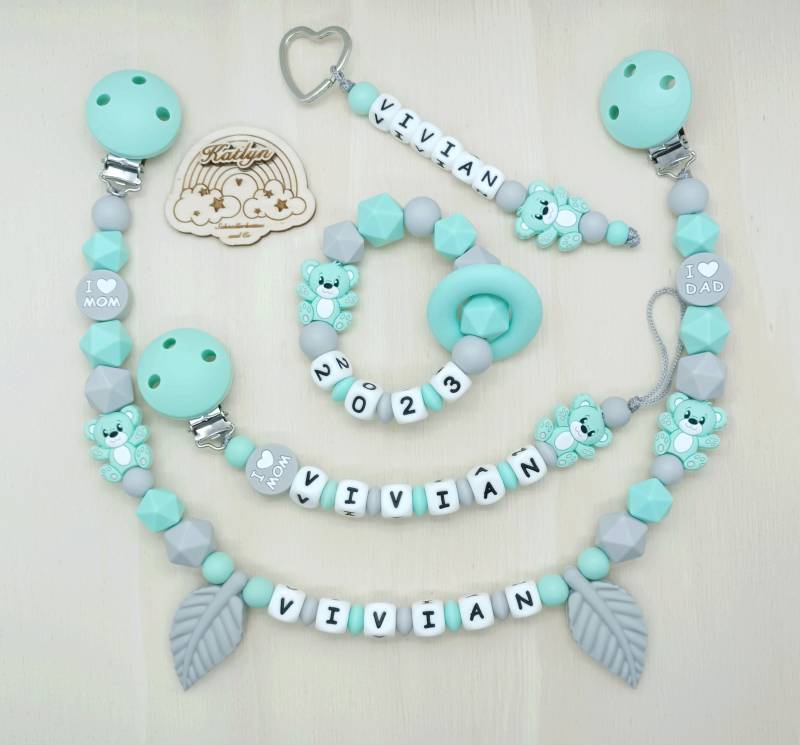 Schnullerkette Mit Name Kinderwagenkette Greifling Schlüsselanhänger Bärchen Mint Grau Geschenk Set von Handmadekatlyn