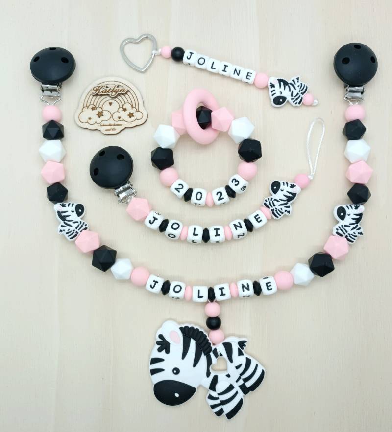 Schnullerkette Mit Name Kinderwagenkette Greifling Usw. Geschenk Set . Zebra Mädchen von Handmadekatlyn