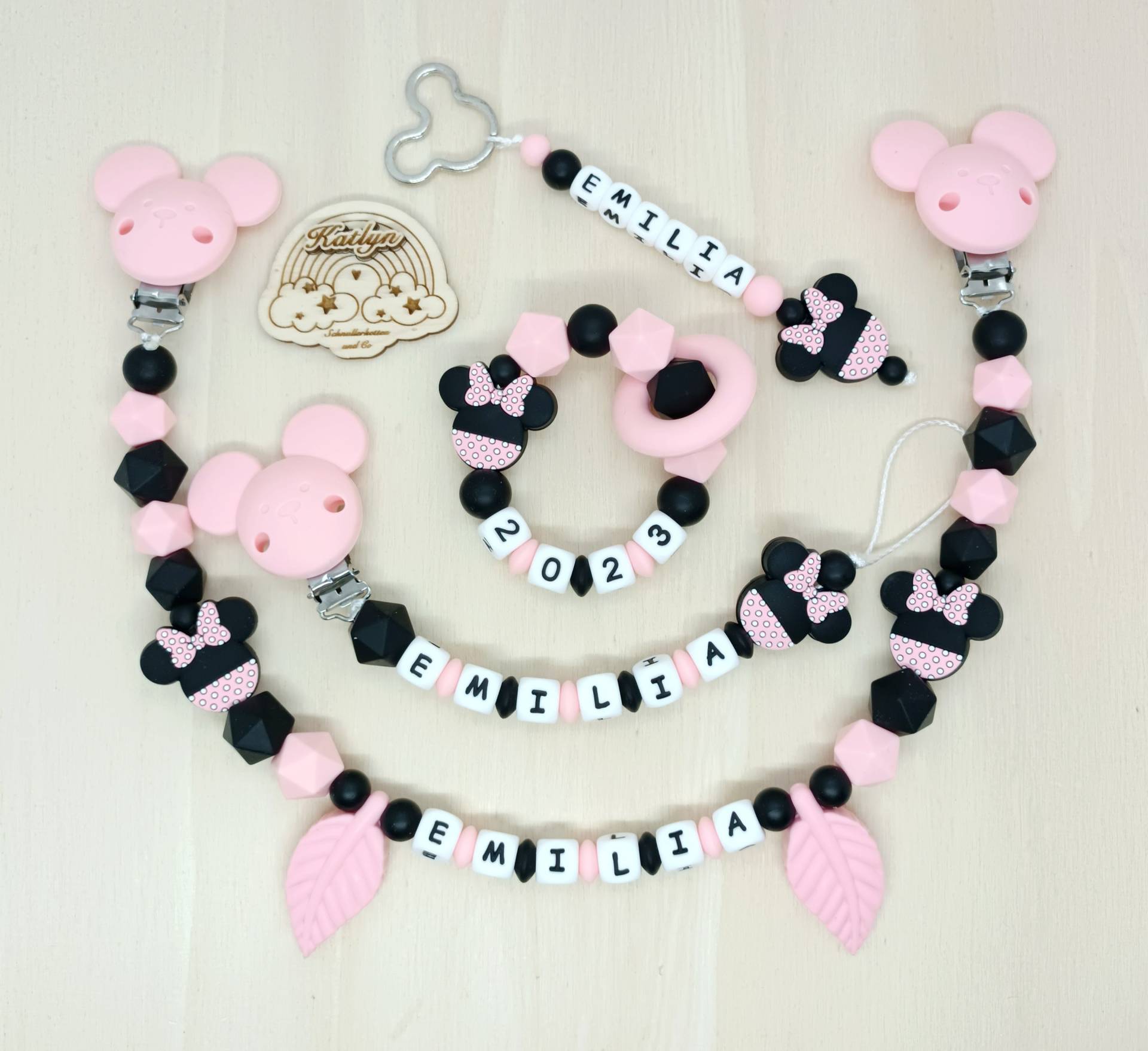 Schnullerkette Mit Name Komplettset, Kinderwagenkette, Schlüsselanhänger Und Greifling Aus Silikon Perlen + Adaptor Gratis Rosa Maus von Handmadekatlyn