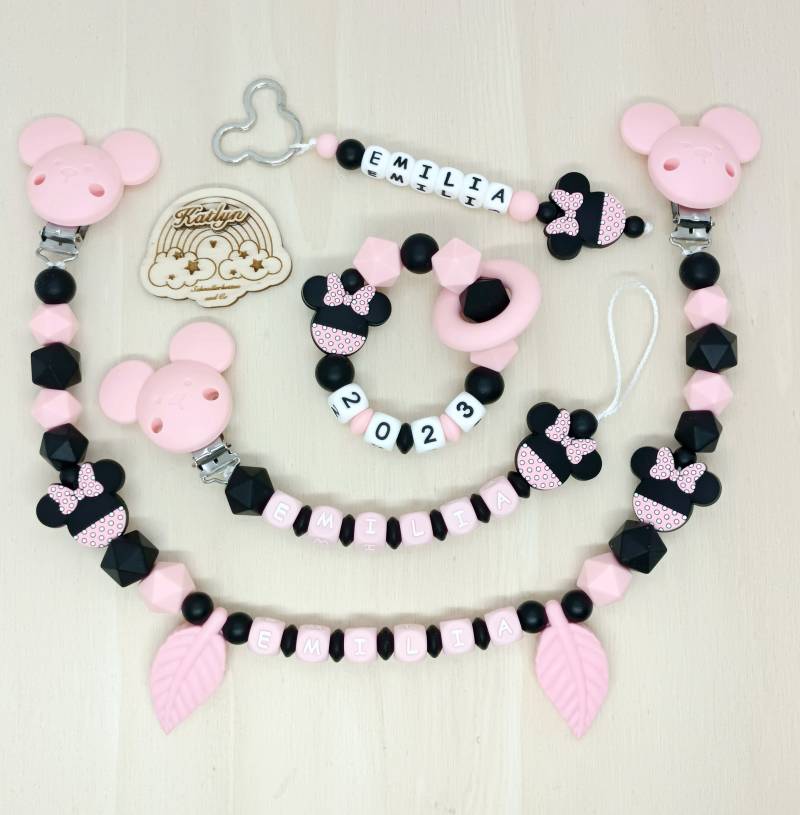 Schnullerkette Mit Name Komplettset, Kinderwagenkette, Schlüsselanhänger Und Greifling Aus Silikon Perlen + Adaptor Gratis Rosa Mickey von Handmadekatlyn