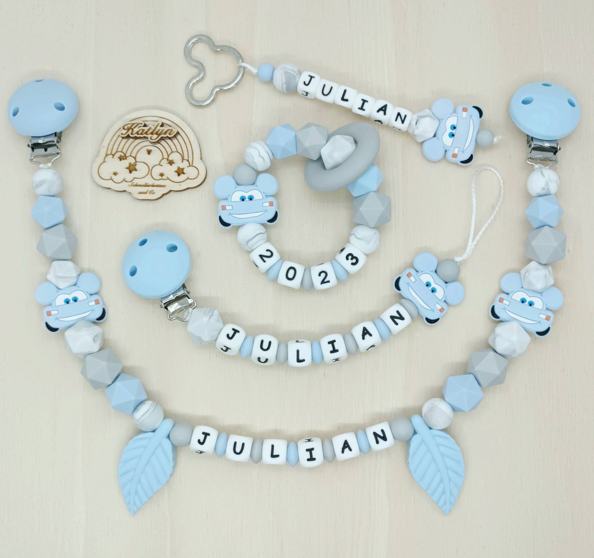 Schnullerkette Mit Name Komplettset, Kinderwagenkette, Schlüsselanhänger Und Greifling Aus Silikon Perlen + Adaptor Gratis von Handmadekatlyn