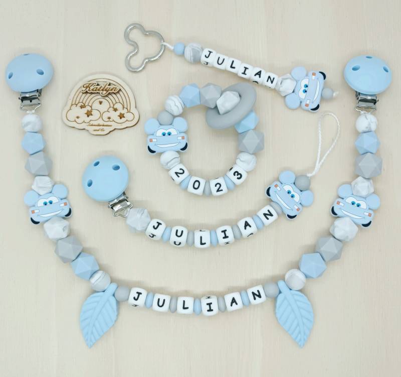 Schnullerkette Mit Name Komplettset, Kinderwagenkette, Schlüsselanhänger Und Greifling Aus Silikon Perlen + Adaptor Gratis von Handmadekatlyn