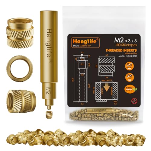 HANGLIFE M2 Gewindeeinsätze mit Lötspitzen Einschmelzhilfe, Einpressmuttern mit Lötkolben Spitzen für 3D Druck Zubehör - Messing Metrische Einschmelzgewinde Gewindehülse - Threaded Inserts(100 Stück) von Hanglife