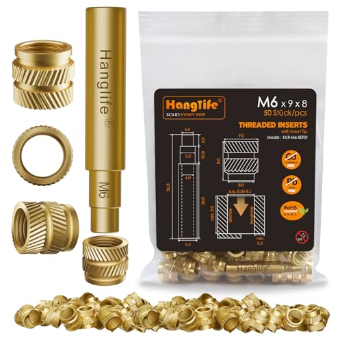 HANGLIFE M6 Gewindeeinsätze mit Lötspitzen Einschmelzhilfe, Einpressmuttern mit Lötkolben Spitzen für 3D Druck Zubehör - Messing Metrische Einschmelzgewinde Gewindehülse - Threaded Inserts(50 Stück) von Hanglife