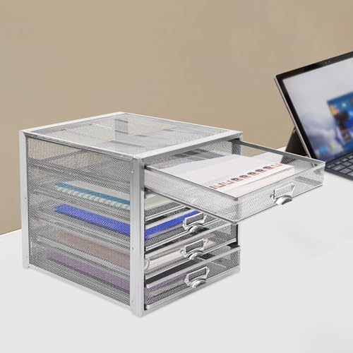 Schubladenbox mit 5 Schubladen, Silber A4-Dokumentenfach, stapelbare Gitterablagen mit Beschriftungsrahmen, Desktop-Schubladen-Organizer, Briefablage stapelbar, Metallablagen von Hanmorfarbi