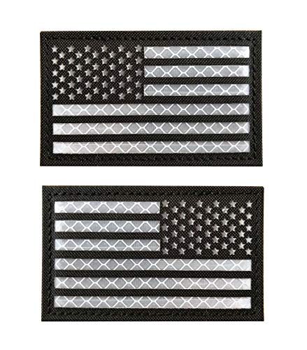 2 x 3,5 cm reflektierende US-USA-Flagge, taktische Aufnäher, Hakenverschluss auf der Rückseite (1 links + 1 rechts) (schwarz-weiß) von Hannah Fit