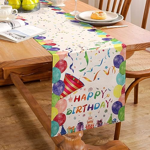 Tischläufer Birthday Ballon Kuchen Geschenkbox Alles Gute Geburtstag Tischläufer Süßigkeiten Buntes Band Tischläufer Abdeckungen für Partys Dekoration mit Blinkenden Geschredderten Stücken 33 x 183 von Hanrunsi