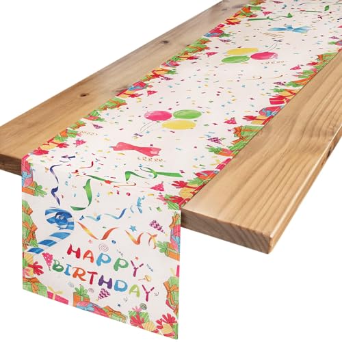 Tischläufer Geburtstag Birthday Alles Gute zum Tischläufer Ballon Geschenkbox Feiern Tischläufer Frühling Sommer Buntes Band Tischläufer Feiertag Essen Geburtstag Tischdecke Dekoration 40x140cm von Hanrunsi