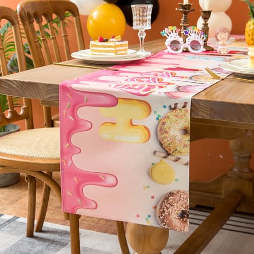 Hanrunsi Tischläufer Geburtstag Rosa Schöne Tischläufer Donuts für Mädchen Kinder Tischläufer Küche Esstisch Party Dekoration für Innenbereich Party Dekor 33x183cm von Hanrunsi