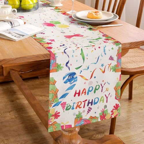 Tischläufer Geburtstag mit Geschenkboxen Feiern Sie Alles Gute zum Geburtstag Tischläufer Frühling Sommer Ballon Schleifenknoten Buntes Band Tischläufer Feiertag Essen Tischdecke Deko 33x183cm von Hanrunsi