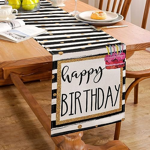 Tischläufer Schwarz Birthday Geburtstagstischläufer Schwarze Streifen Geburtstagstischläufer mit Goldenen Punkten Kuchenkerzen Tischläufer Wäsche Küche Esstischdekoration Home Party Dekor 33 x 183 von Hanrunsi